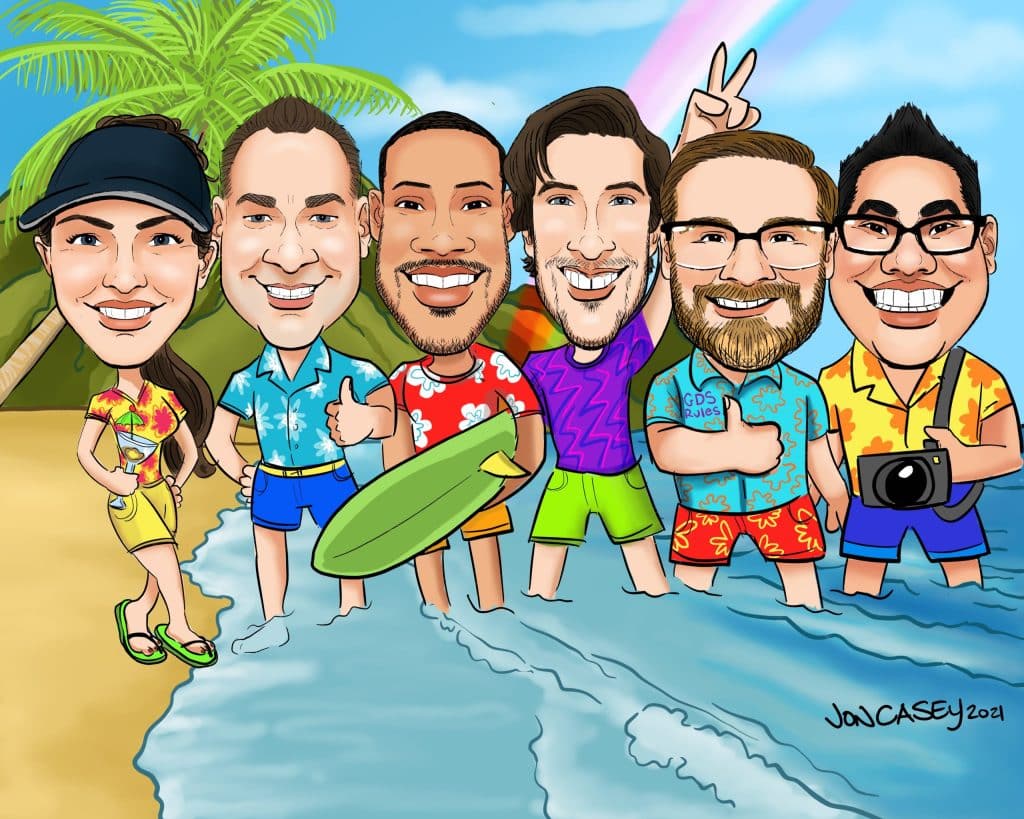 Corporate team caricature drawing Hawaii beach poster