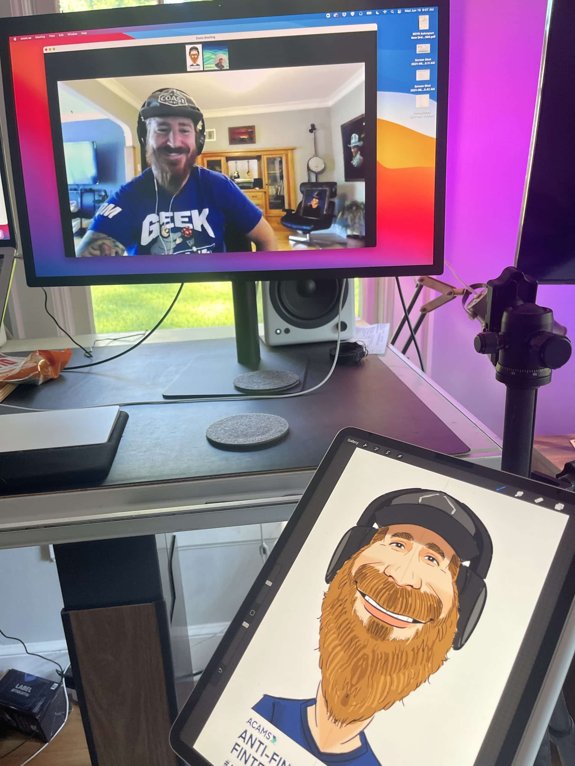 Caricature artist sketching a man with a beard and headphones on an iPad, drawn live during his video call shown on the monitor behind it